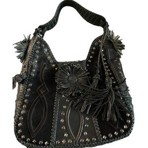 New Beverly Feldman Studded Black Leather/Suede Hobo bag Large